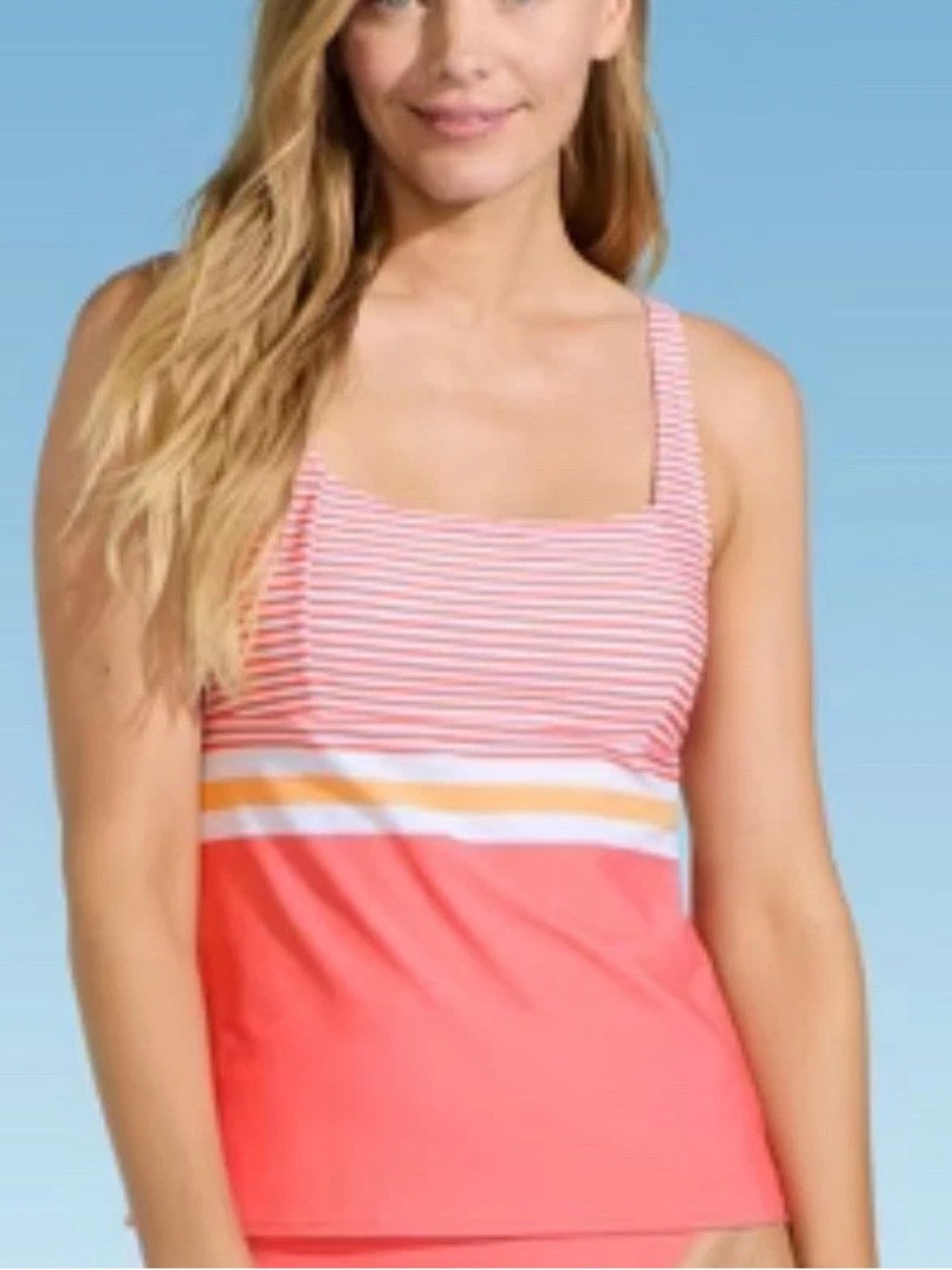 Lands' End Coral and White Striped Tankini Top, Size 8, NWT